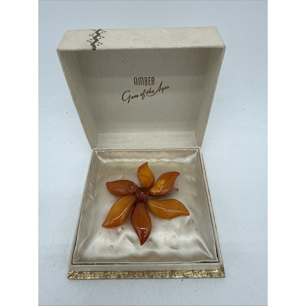 Vintage F.L. Wilson Company Amber Flower Brooch/Pin W/Box